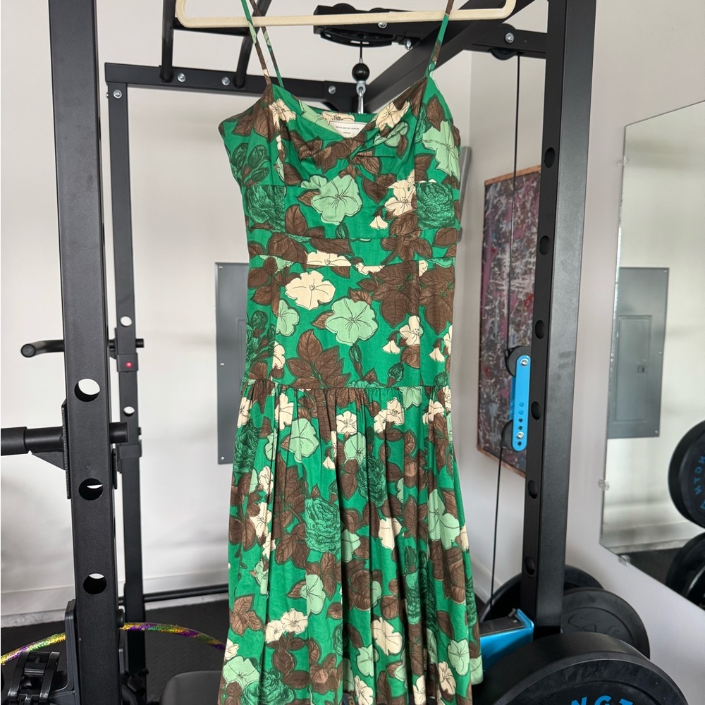 Anthropologie Green and Brown Floral Midi Dress